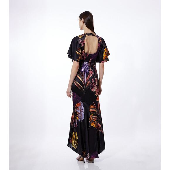 Karen Millen Midnight Floral Satin Angel Sleeve Maxi Dress Size 6 Petite - Picture 2 of 16